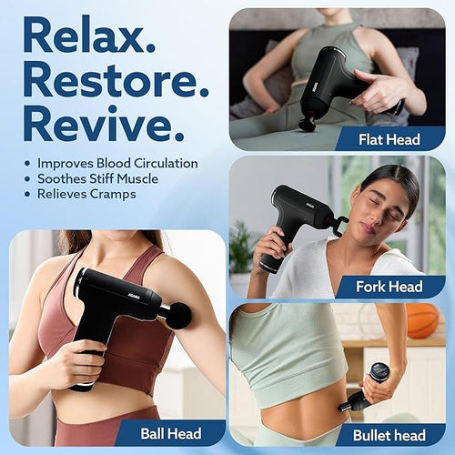 Massager Gun 4 Heads, 6 Speed, Rechargeable, Handheld, Percussion Muscle Massager for Full Body Relief, Muscle Relaxation of Neck, Shoulder, Back, Foot for Men & Women, Black.