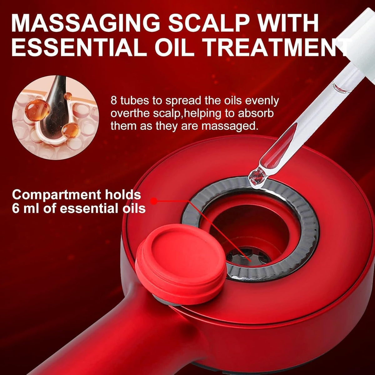 Premium Head Scalp Electric Massager Comb | Scalp Massaging Brush with 3 In 1 Hair Oil Applicator | IPX7 Water Resistant,Portable Deep Massager For Hair & Head Relaxation at Home | Shiatsu Massage for Hair Growth/Stress Relax (Multicolor) (Red)