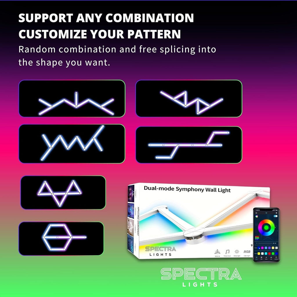 Smart, Customisable LED Line Wall Panels with RGBIC Lights, Remote, WiFi & App Control (Pack of 9)