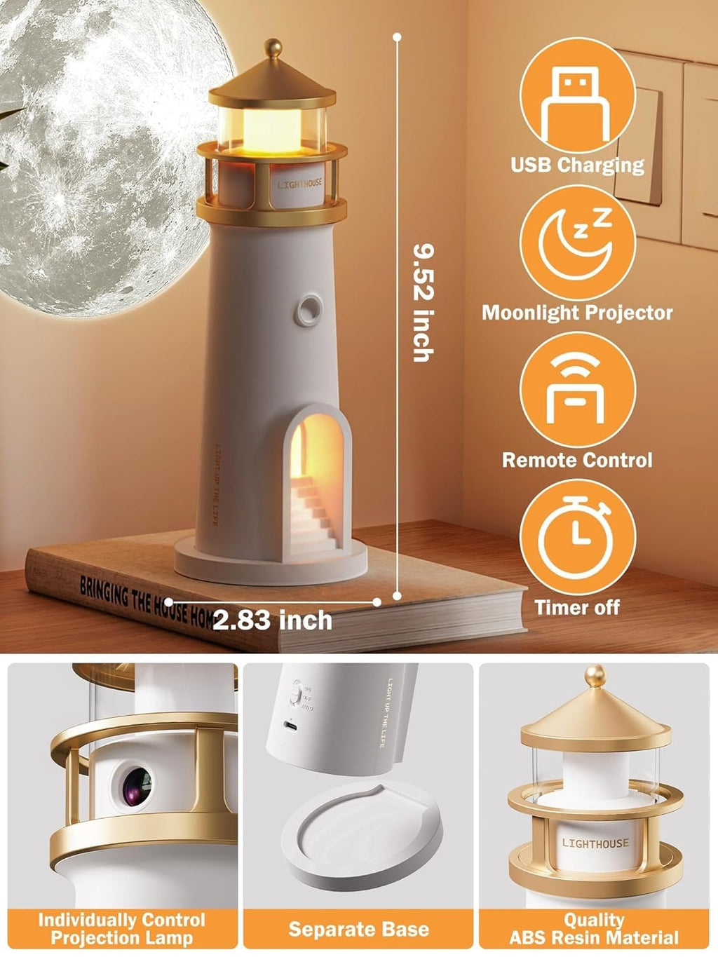 Desidiya Lighthouse Lamp Galaxy Moon Projector Lamp Night Light LED Light with Remote, 4 Brightness Levels, Timer, USB Rechargeable Tabletop Light for Kids Bedroom & Aesthetic Room Decor