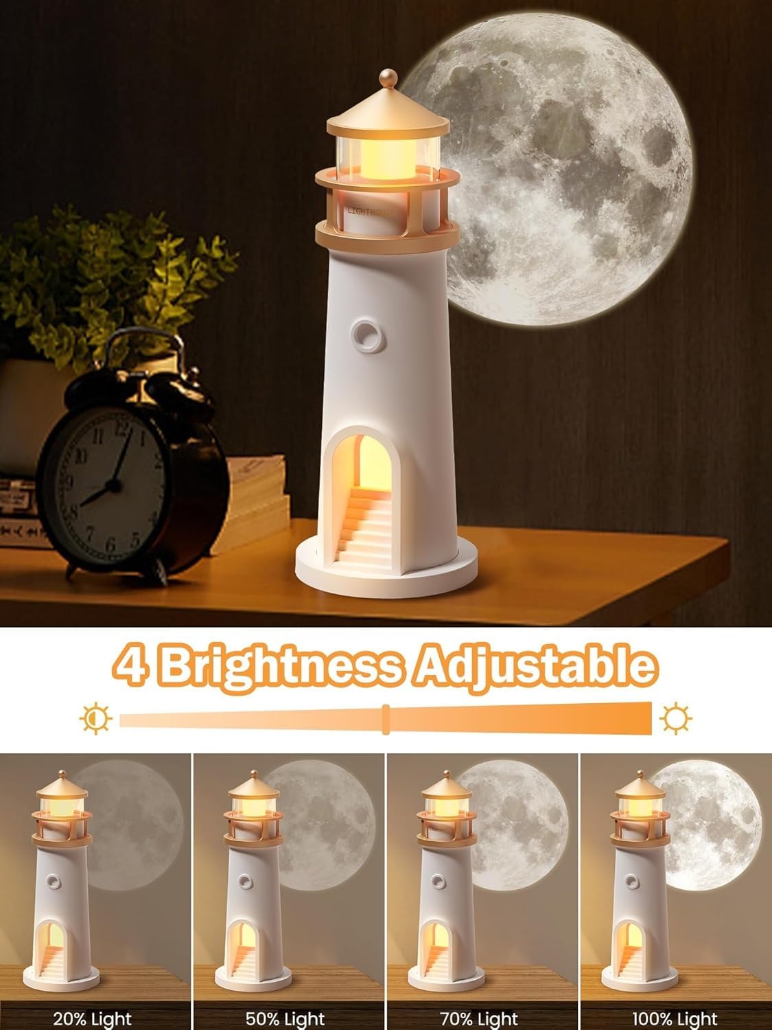 Desidiya Lighthouse Lamp Galaxy Moon Projector Lamp Night Light LED Light with Remote, 4 Brightness Levels, Timer, USB Rechargeable Tabletop Light for Kids Bedroom & Aesthetic Room Decor