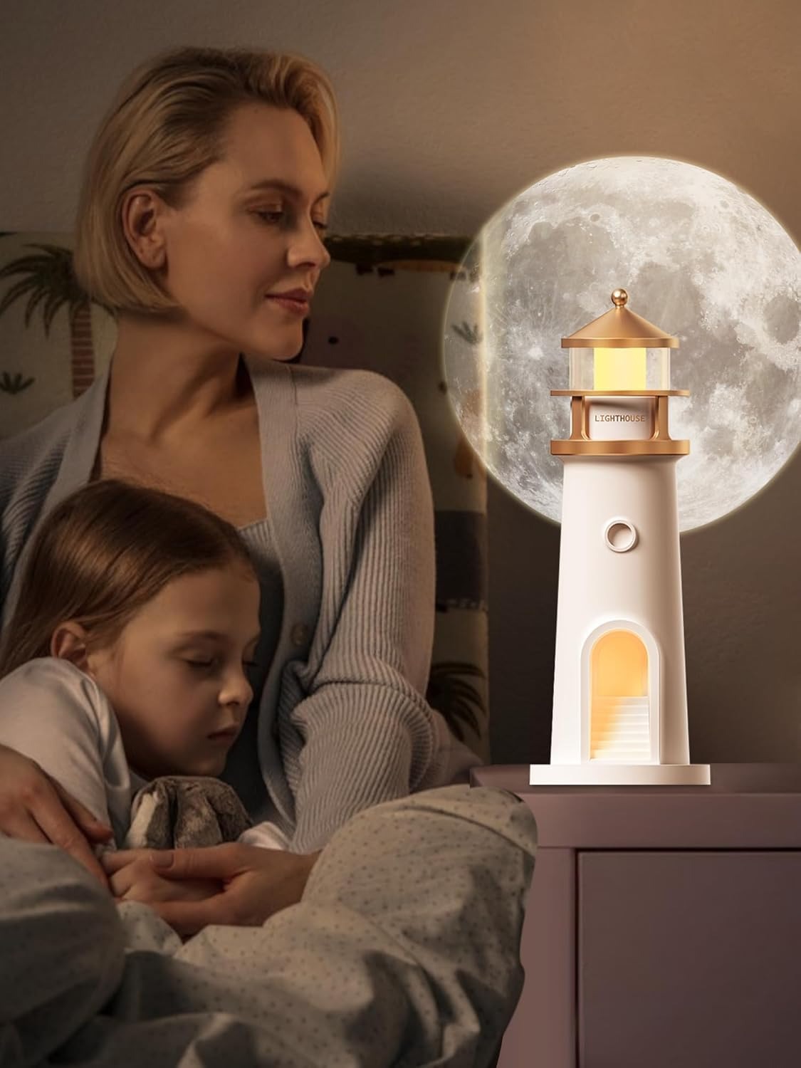 Desidiya Lighthouse Lamp Galaxy Moon Projector Lamp Night Light LED Light with Remote, 4 Brightness Levels, Timer, USB Rechargeable Tabletop Light for Kids Bedroom & Aesthetic Room Decor