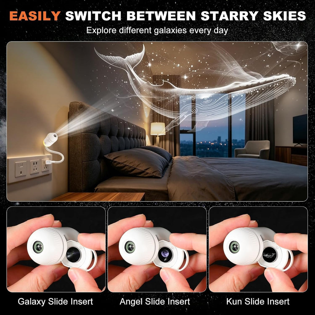 2-in-1 Galaxy Projector Night Light,USB Star Projector for Bedroom with Sliding Projection Films,Mini LED Night Light Projector Wall Lamp with Adjustable Brightness,360° Starry Sky Ceiling Decor Gift